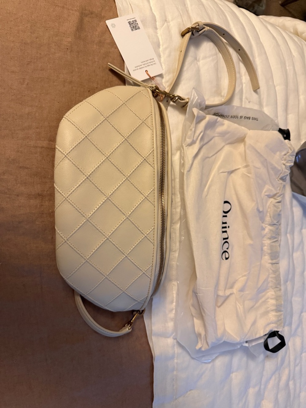 NWT Quince Italian Leather Diamond Stitch Sling Bag Cream Crossbody